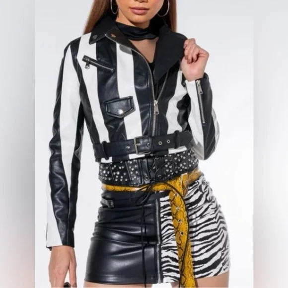 Black & White Crop Biker Jacket - Picture 2 of 4